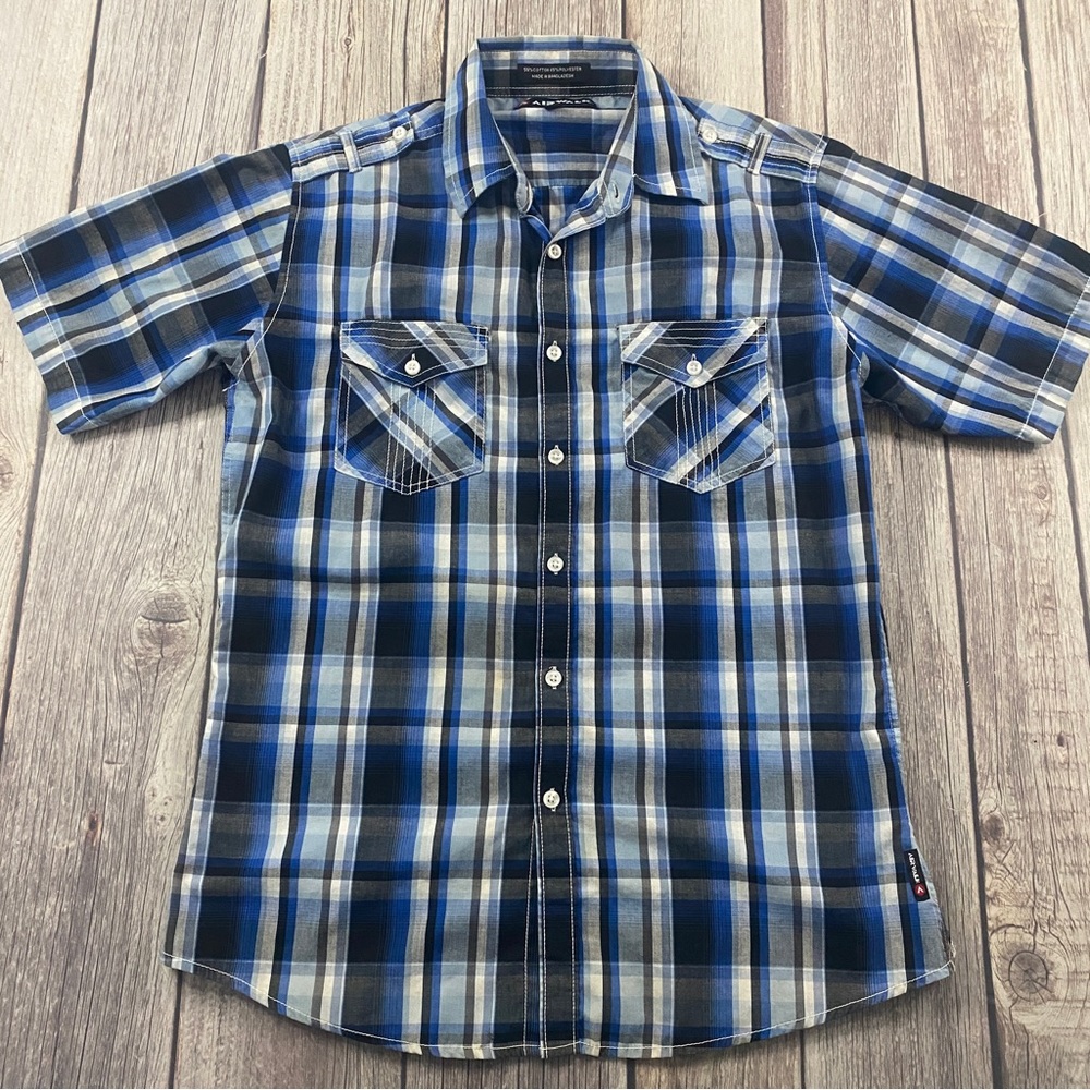Airwalk Button Up Shirt Mens Medium Blue Short Sleeve Casual Adult Plaid.